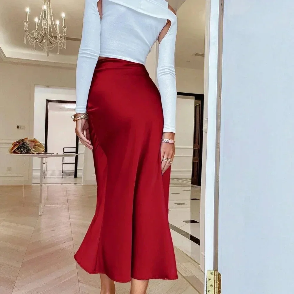 Red Party Women's High Street Style Slim Fit Long Skirt